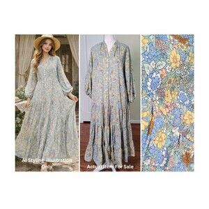 MABLE Cottagecore Tiered Maxi Shirt Dress Groovy Floral Print Spring Vacation